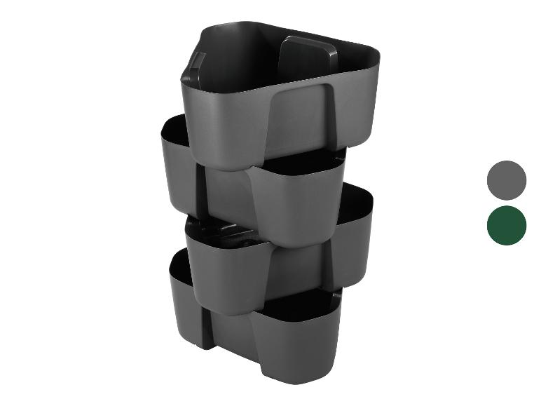 Stapelbare Pflanzgefäße in Dunkelgrau und Dunkelgrün.