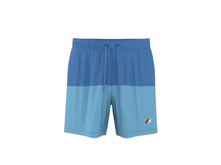 Zweifarbige blaue und hellblaue Sportshorts mit Kordelzug und Logo an der Seite.
