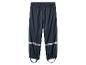 Dunkelblaue Kinder-Regenhose mit reflektierenden Details und Fußschlaufen.