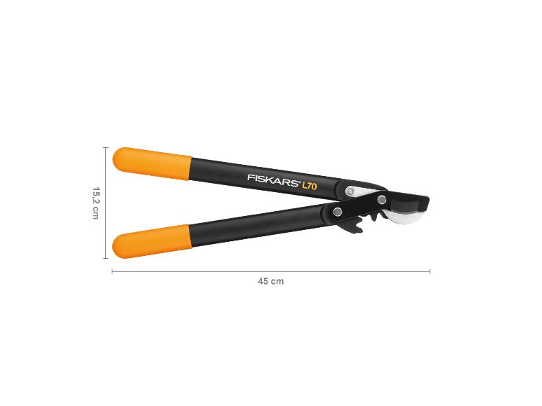 Schwarze und orangefarbene Astschere, 45 cm lang und 15,2 cm breit.