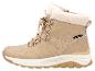 Wasserdichter beiger Winterstiefel mit Schnürsenkeln und Pelzbesatz.