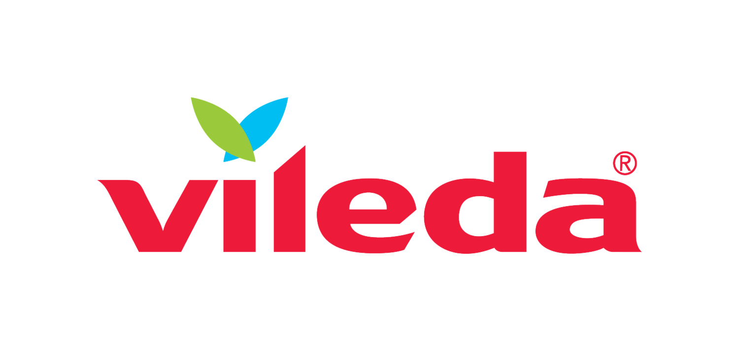 Logo mit dem Wort „vileda“ in Rot und zwei stilisierten Blättern über dem „i“.