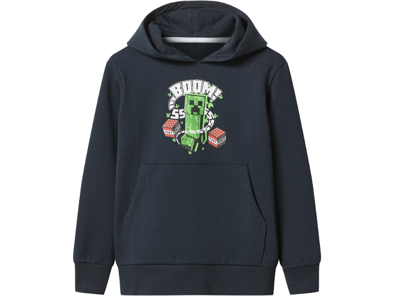Dunkelblauer Hoodie mit grünem Pixel-Charakter und „BOOM!“-Schriftzug.