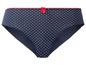 Dunkelblaue Unterhose mit weißen Punkten und roter Schleife.