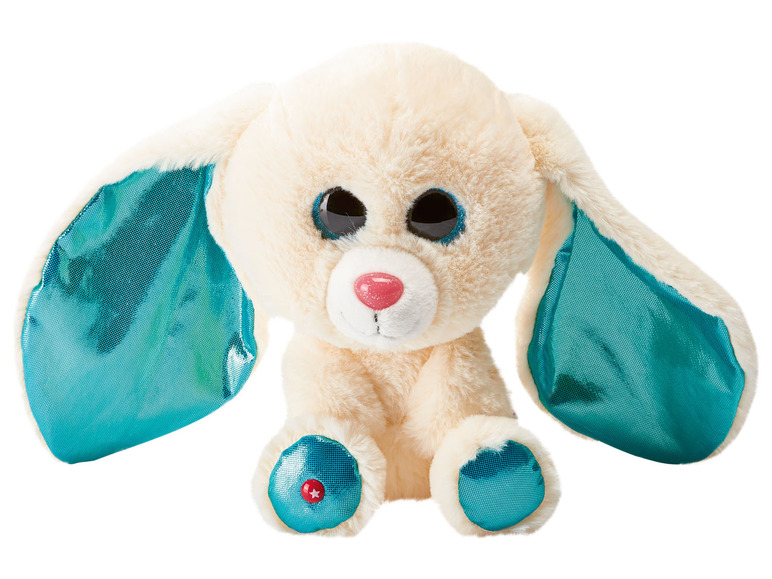 Ein Plüschkaninchen mit türkisfarbenen Ohren.