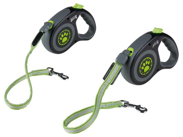 Zwei graue und schwarze einziehbare Hundeleinen mit grünen Akzenten und Pfotenabdruck.
