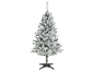 Künstlicher, beschneiter Weihnachtsbaum mit Ständer auf schwarzem Hintergrund.