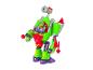 Grünes und rotes Roboterspielzeug mit kleiner Figur darin, auf weißem Hintergrund.