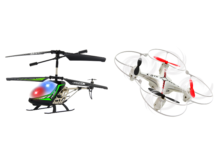 JAMARA Hubschrauber und Quadrocopter auf weißem Hintergrund.