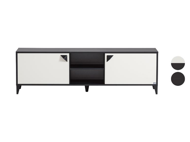 Schwarz-weißes Sideboard mit zwei Schiebetüren und offenen Fächern.