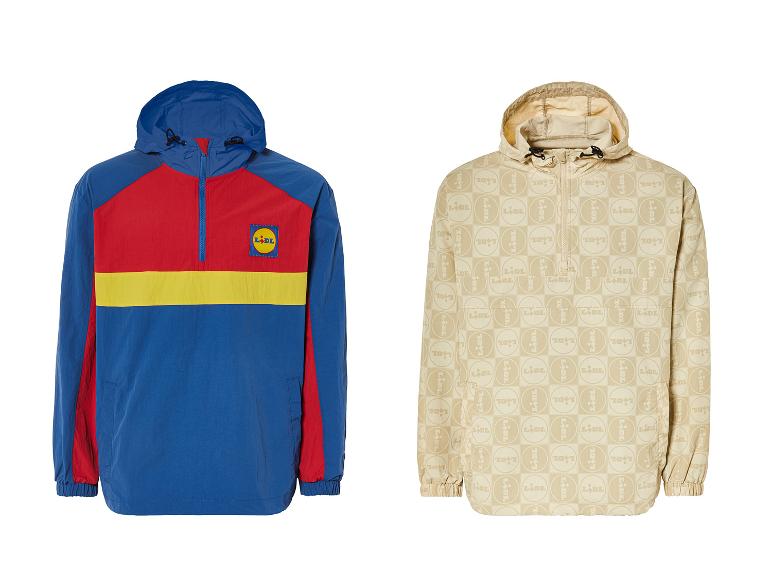 Zwei Windjacken, eine in blau, rot und gelb mit einem Lidl-Logo, die andere in beige mit einem Lidl-Muster.