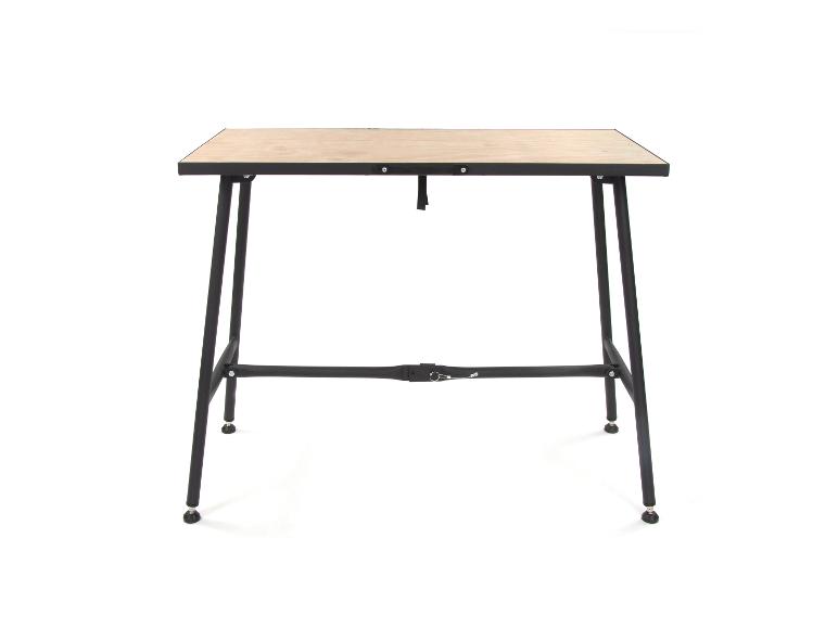 Klapptisch mit schwarzem Metallrahmen und heller Holzplatte