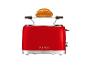 Roter Toaster mit einem Brötchen auf dem Aufwärmrost, vor weißem Hintergrund.
