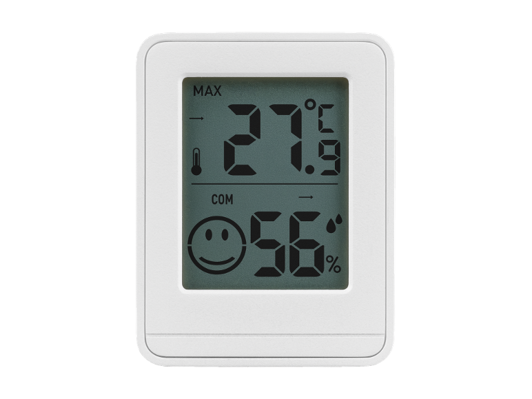 Weißes digitales Thermometer und Hygrometer mit LCD-Anzeige, zeigt 27.9°C und 56% Luftfeuchtigkeit.