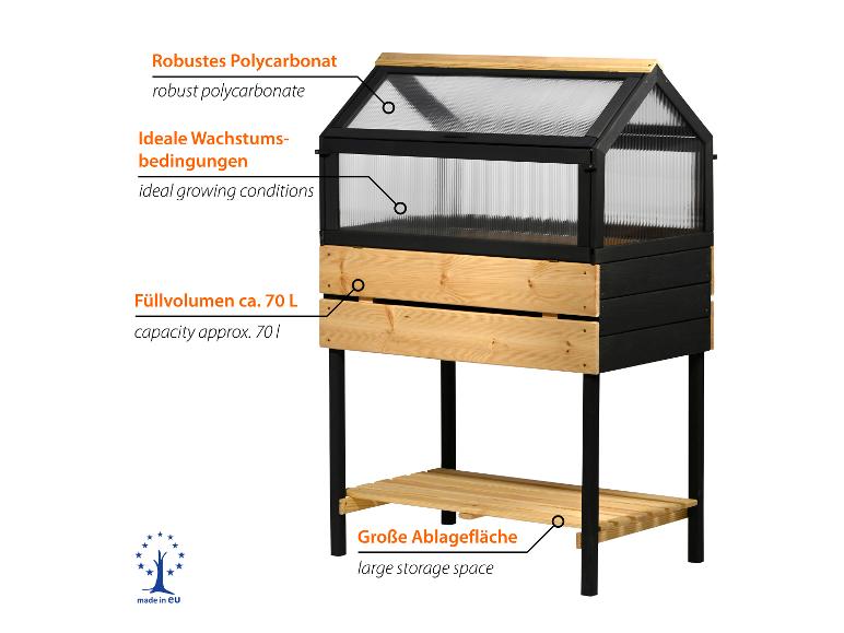Hochbeet mit Gewächshausaufsatz, Ablagefläche und Textbeschriftungen für Funktionen.