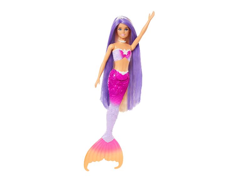 Meerjungfrauenpuppe mit langen lila Haaren, einem pinken und lila Oberteil und einer farbenfrohen Meerjungfrauenflosse.