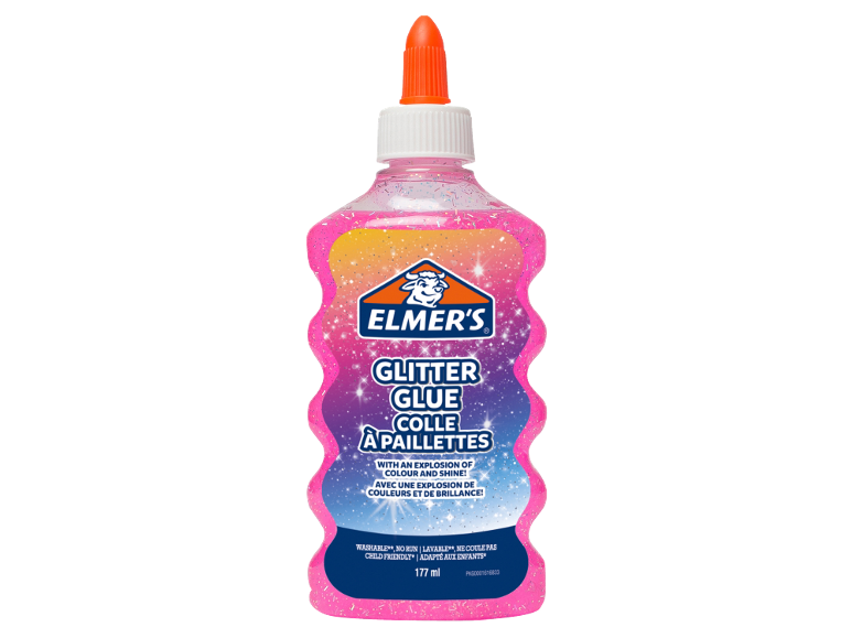 Rosa Glitzerkleberflasche mit farbigem Etikett, 177 ml, abwaschbar und kinderfreundlich.
