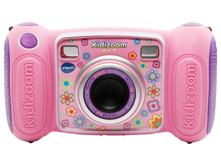 Eine rosa Kidizoom Kid 2 Kamera von Vtech mit Blumenmuster.