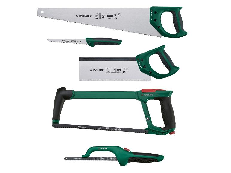 Verschiedene Handsägen für Holz und Metall, darunter eine Fuchsschwanzsäge, eine Rückensäge und eine Bügelsäge.