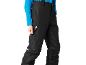 Schwarze Kinder-Skihose mit Hosenträgern und blauem Pullover.