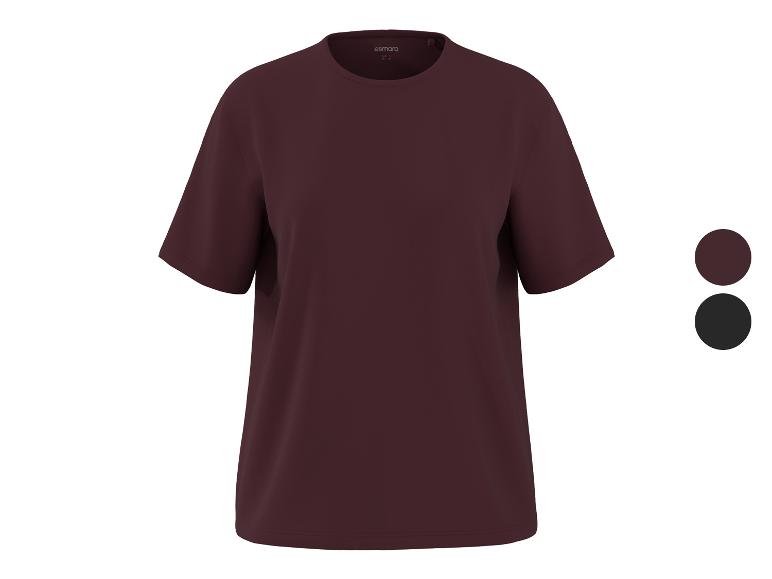 Bordeauxrotes Kurzarm-T-Shirt, daneben Farbmuster in Bordeauxrot und Schwarz.