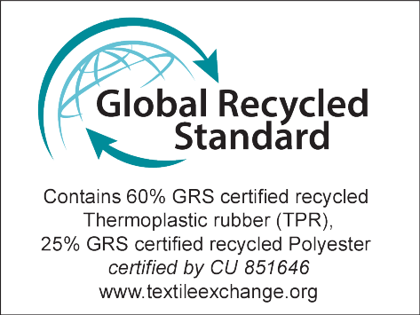 Global Recycled Standard Siegel: 60% GRS-zertifiziertes recyceltes TPR, 25% GRS-zertifiziertes recyceltes Polyester.