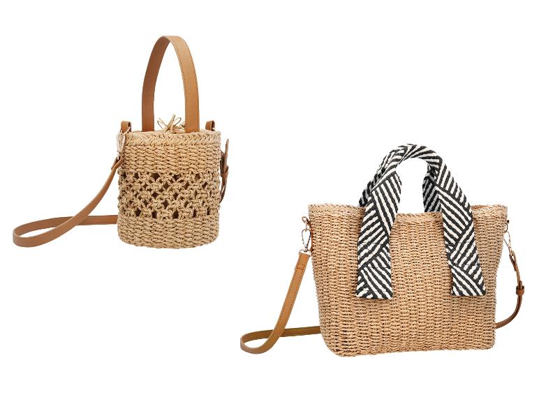 Zwei Strohtaschen: eine Beuteltasche mit Ledergriffen und eine Tragetasche mit gestreiften Griffen.