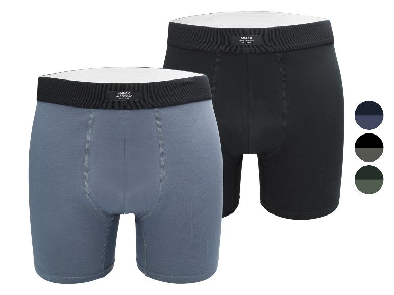 Zwei Mexx Herren-Boxershorts: eine blaue und eine schwarze, mit Farbpalette.