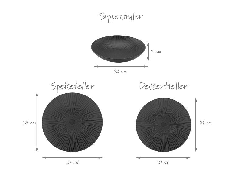 Schwarzes Geschirrset mit Suppenteller (22x5cm), Speiseteller (27cm) und Dessertteller (21cm).