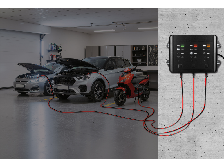 Batterieladegerät an der Wand lädt zwei Autos und ein Motorrad in einer Garage