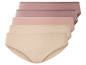 Vier Paar Damen-Unterwäsche in Beige, Rosa und Lila.