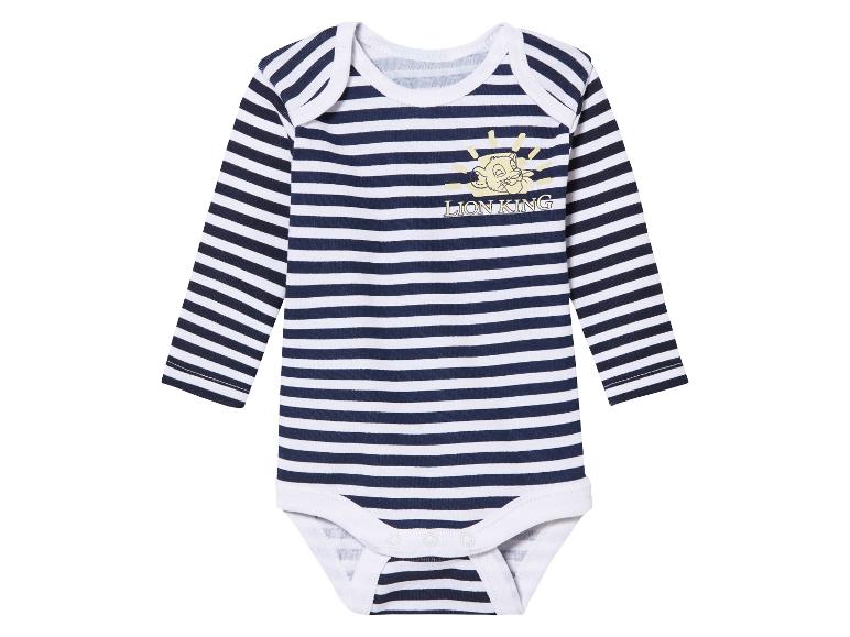 Ein gestreiftes Baby-Body mit langen Ärmeln mit einem The Lion King-Motiv.