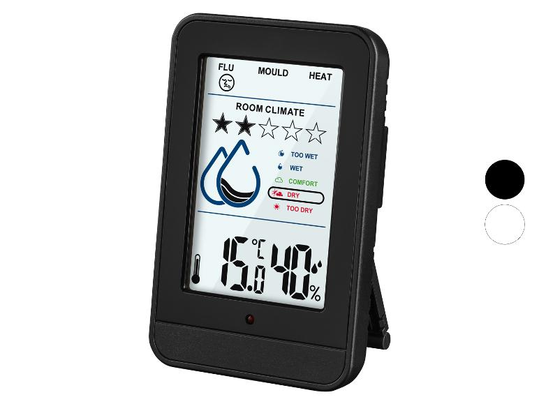 Schwarzes digitales Thermometer und Hygrometer mit Raumklima-Anzeige.