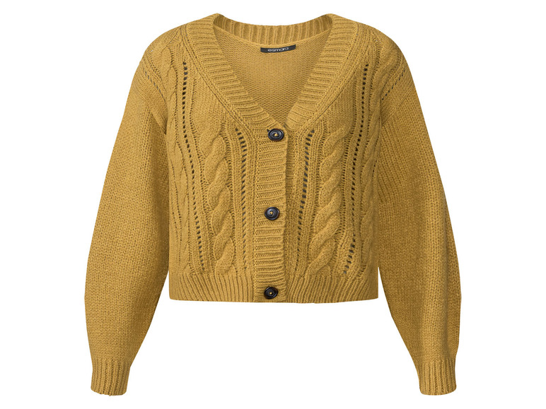 Ein gelber Strickcardigan mit Knöpfen.