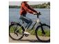 Frau auf einem E-Bike mit See und Wald im Hintergrund