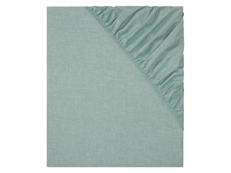 Ein hellblaues Spannbetttuch.