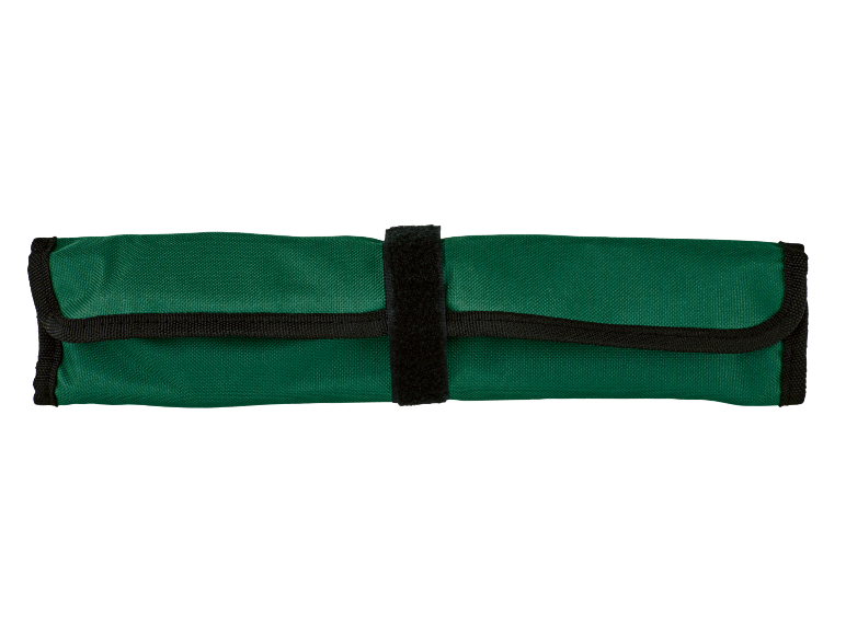 Grüne Werkzeugrolltasche mit Klettverschluss.