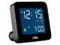 Schwarzer Digitalwecker mit blauem Display, das 12:15 Uhr AM und Weckzeit 7:00 Uhr AM anzeigt.