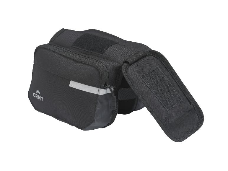 Eine schwarze Fahrradtasche von Crivit mit zwei Fächern.