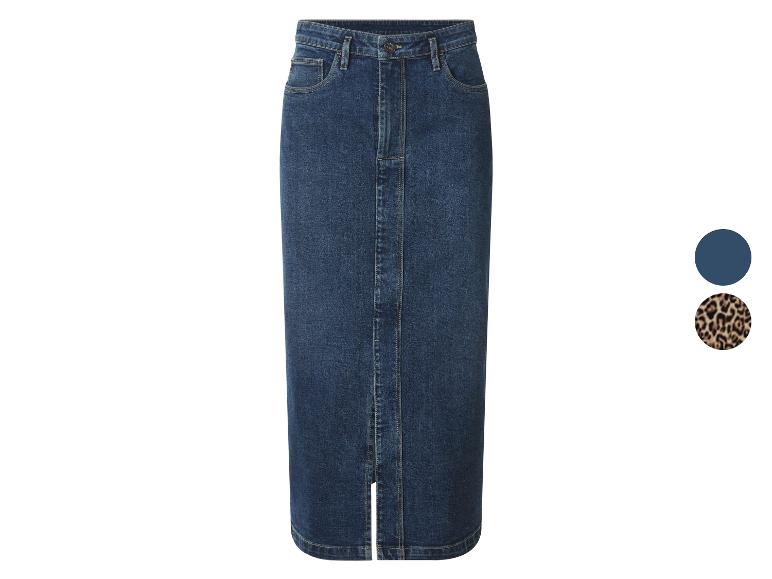 Langer dunkelblauer Jeansrock mit Schlitz vorne und Leopardenmuster-Option.