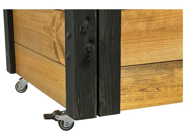 Holz-Aufbewahrungsbox auf Rollen, in Natur- und Schwarzholz.