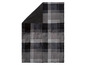 Eine graue und schwarze Plaiddecke mit Karomuster und Fleece-Rückseite.
