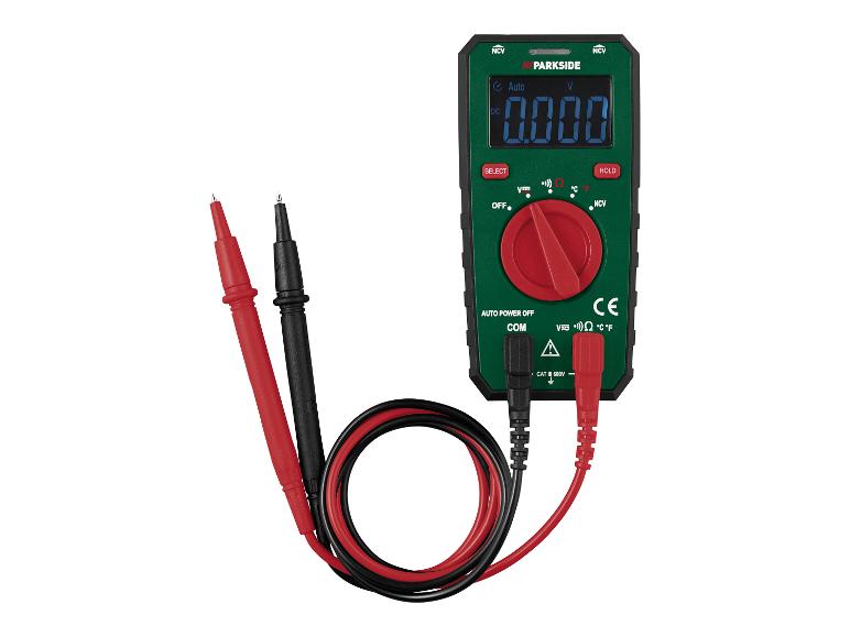 Grünes und rotes Digitalmultimeter mit Messleitungen, zeigt 0.000 V an.