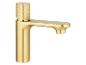 Goldfarbener, satinierter Wasserhahn mit geprägtem Knopf.