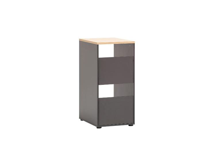 Graues Holzregal mit drei offenen Fächern und heller Holzplatte.