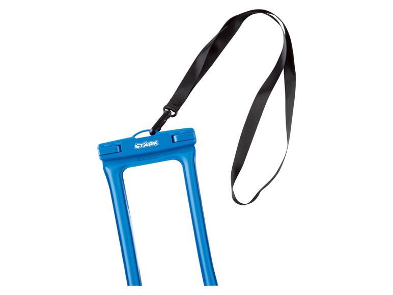 Eine blaue wasserdichte Handyhülle von Stark mit einem schwarzen Trageriemen.