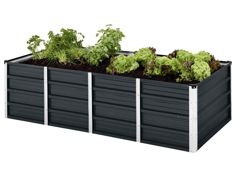 Dunkelgraues Hochbeet mit verschiedenen Kräutern und Salatpflanzen