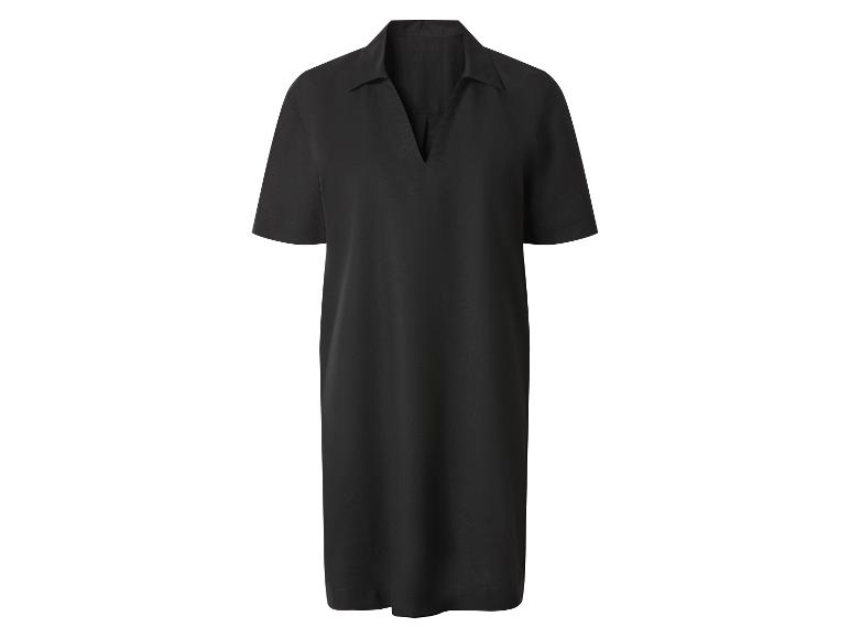 Schwarzes Kurzarmkleid mit V-Ausschnitt und Kragen.