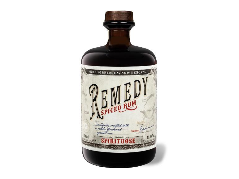 Dunkle Flasche gewürzter Rum mit Etikett im Vintage-Stil, 41.5% Vol.