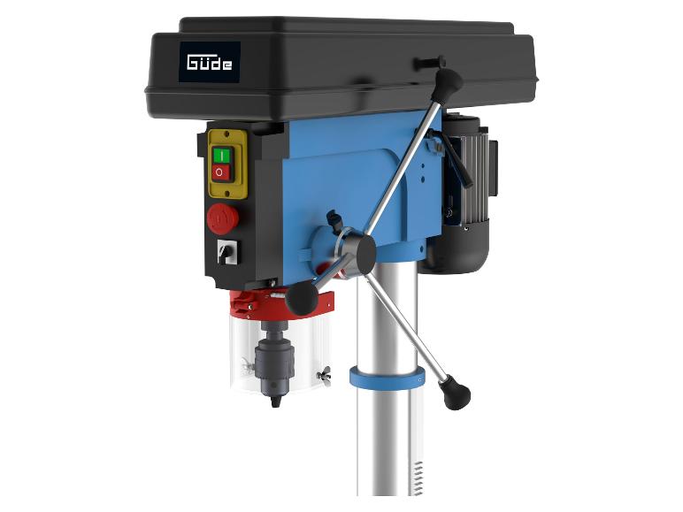 Blaue und schwarze Säulenbohrmaschine mit roten und grünen Bedienelementen und sichtbarem Bohrfutter.